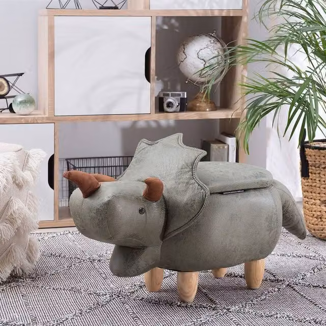 Wyld and Coco Triceratops Kids Storage Stool in Green Polyester and Rubberwood – 1