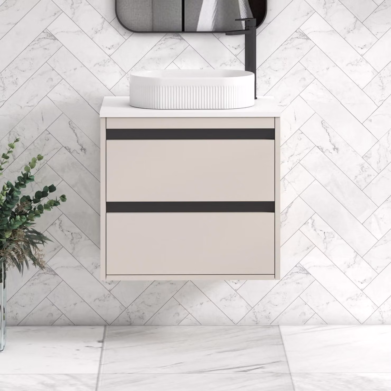 Royal Bathrooms Orion 2 Drawer Wall Hung Vanity Unit in Warm Taupe with Plain White Stone Countertop Basin and Black Accent Trim