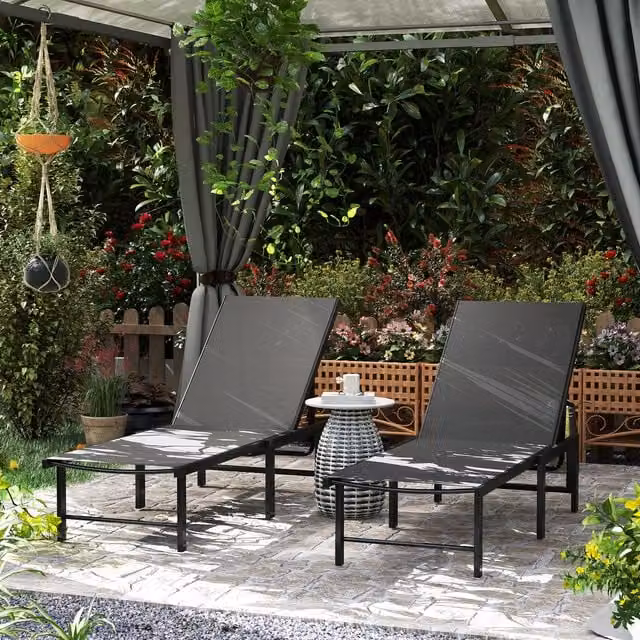 Outsunny 5-Level Reclining Garden Sun Loungers in Grey and Black with Textilene Fabric and Powder Coated Steel Frame
