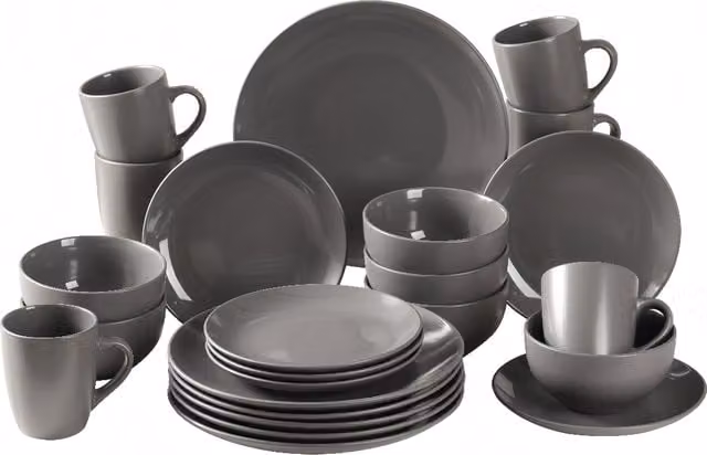 Simpa 24-Piece Grey Glazed Ceramic Stoneware Dinner Set