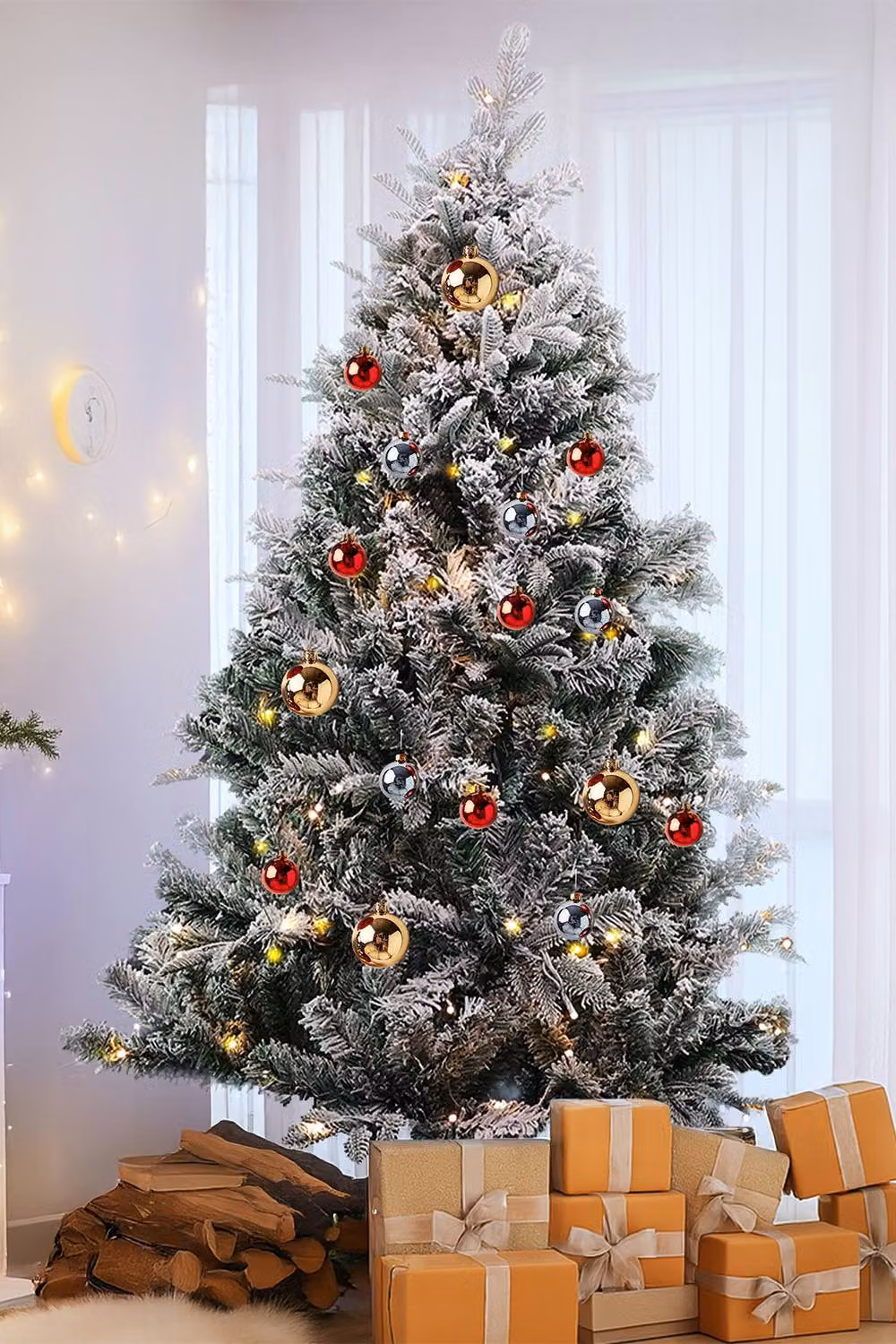 Neel Blue Snow Flocked Pre-Lit Christmas Tree with Colourful LEDs in Green, Height: 182.88 cm – 5