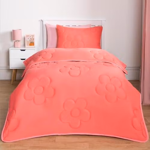 OHS Double Coverless Daisy Quilted Duvet and Pillowcase Set, 7.5 Tog, Coral Pink, W/D/H: 200 x 200 x 3 cm