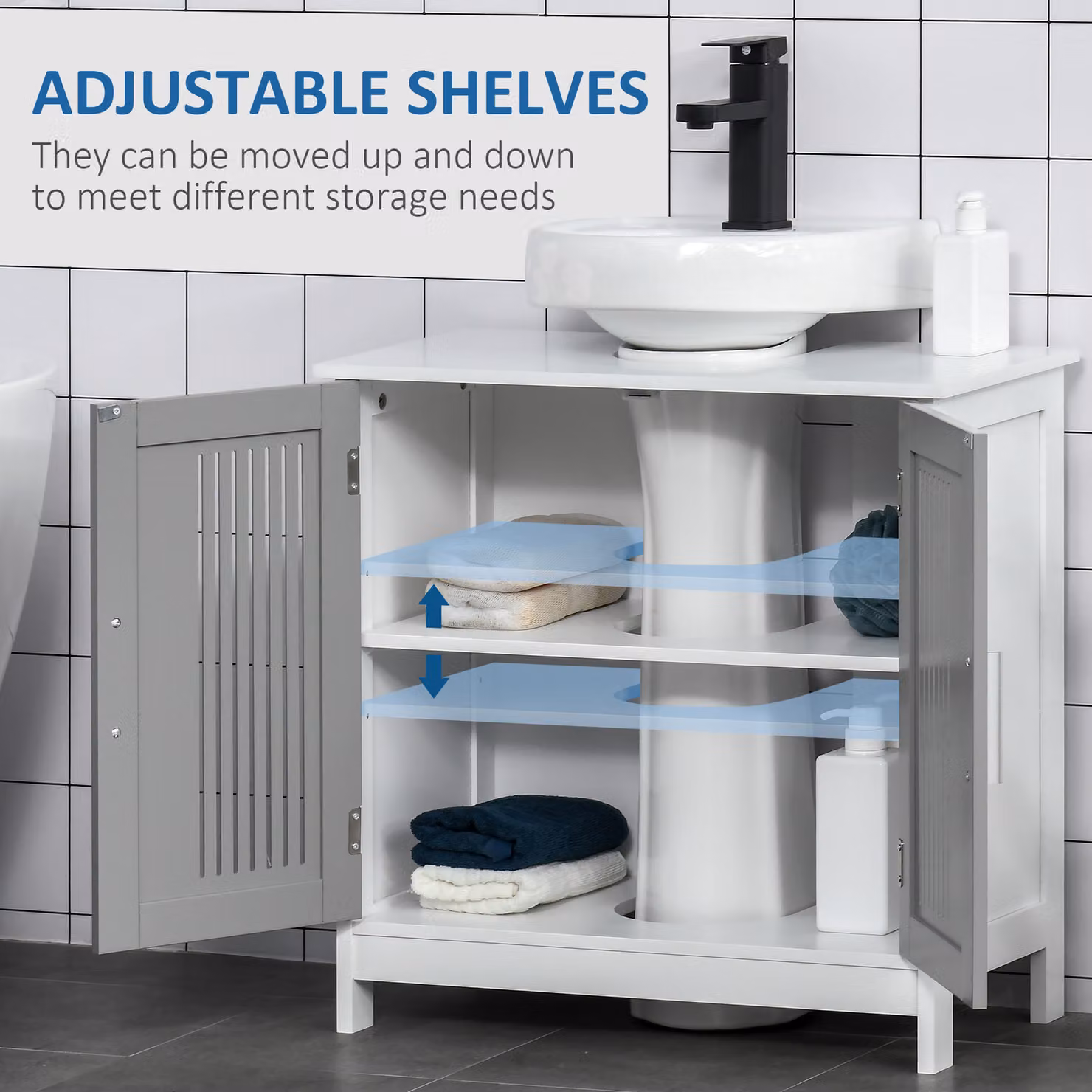 Kleankin Modern Grey Under Sink Bathroom Vanity Unit with Double Hinged Doors and Adjustable Internal Shelves – 3