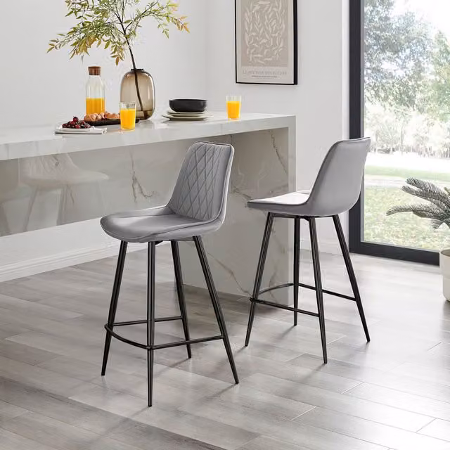 FurnitureboxUK Set of 2 Pesaro Grey Velvet Upholstered Kitchen Breakfast Bar Chairs with Black Metal Legs