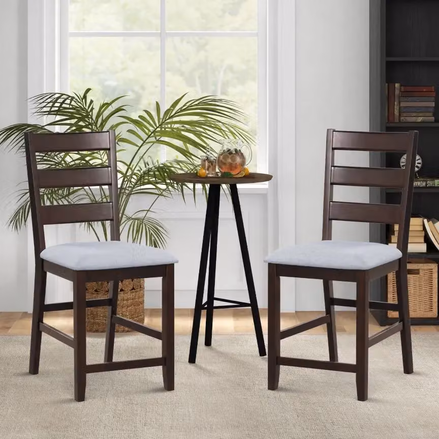 Costway 2-Piece Set of Brown Counter Height Bar Stools with Padded Fabric Seats and Rubberwood Legs – 6