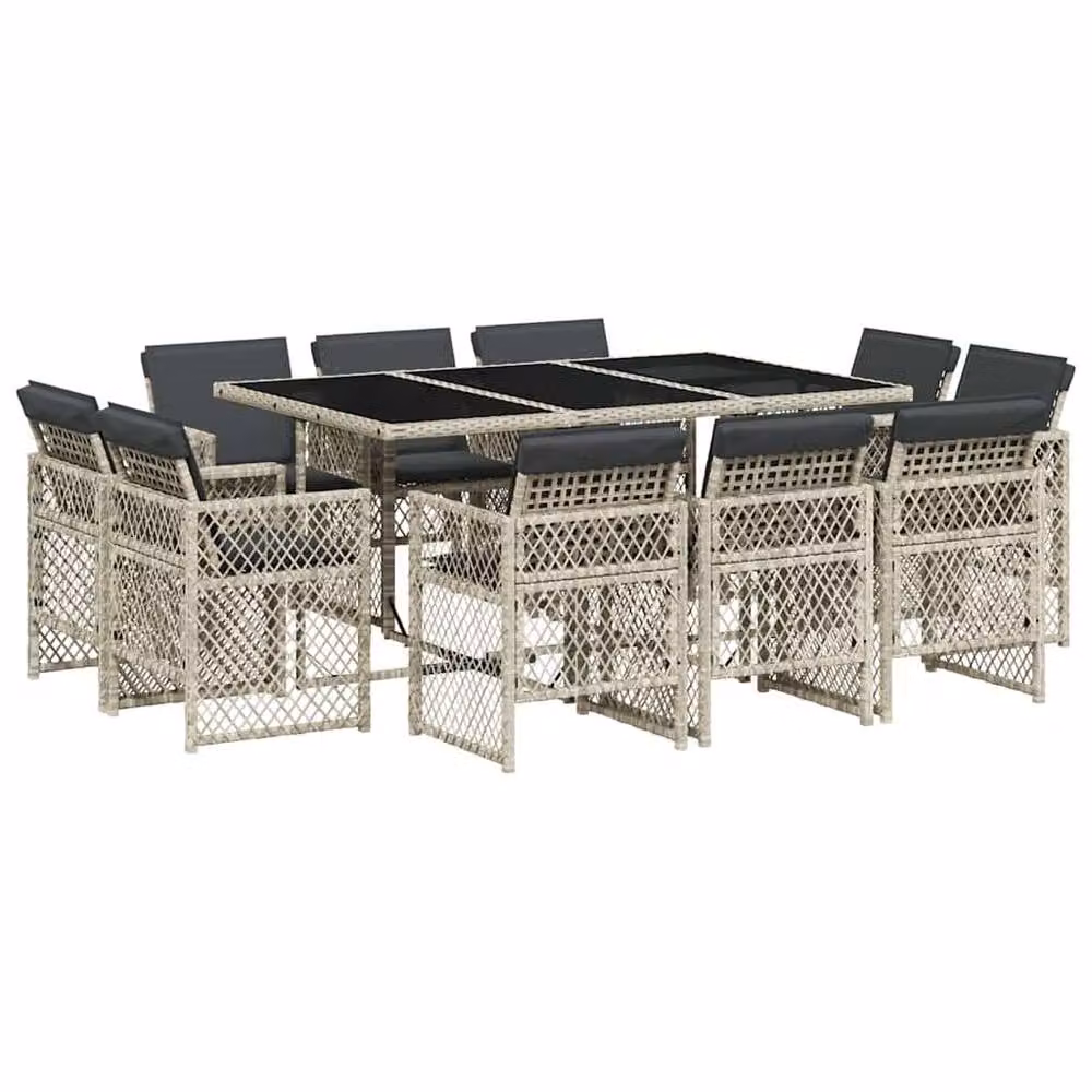 Berkfield Home 11 Piece Modern Garden Dining Set with Light Grey Poly Rattan and Glass Tabletop – 2