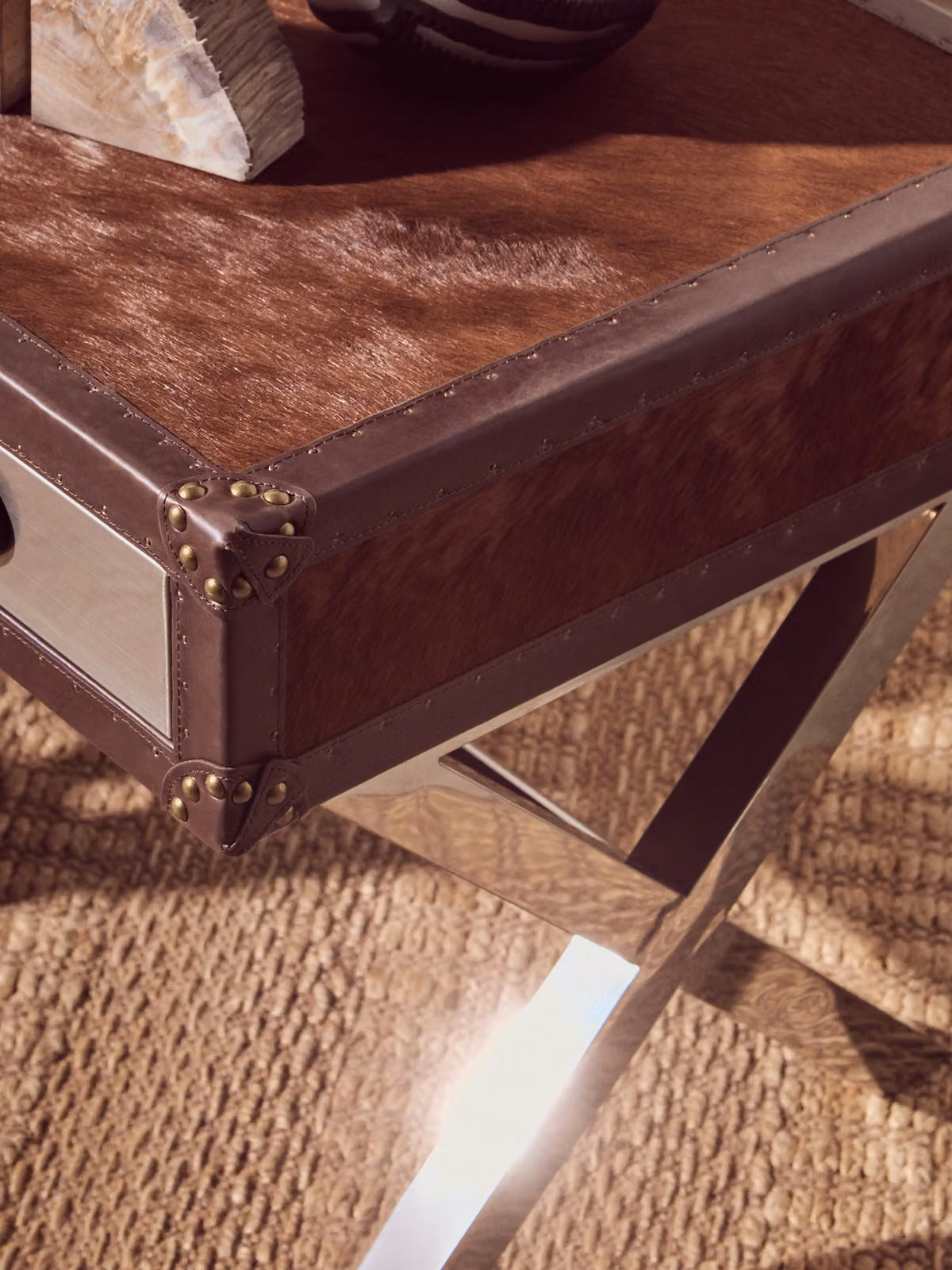Orsina Brown and White Genuine Cowhide One Drawer Table with Metal Accents, W/D/H: 55 x 55 x 52 cm – 2