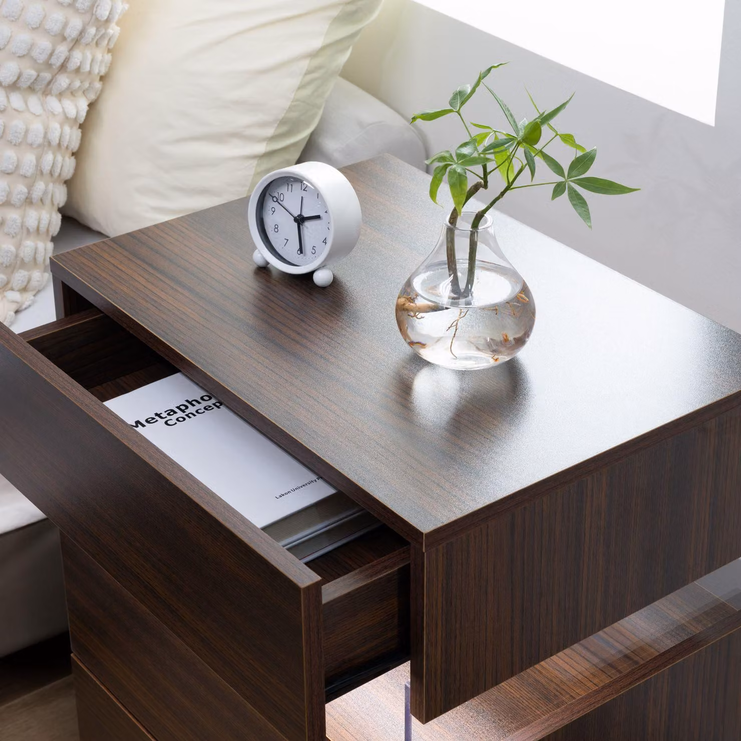 Aosom.UK Modern Walnut Nightstand with Acrylic Board, 3 Drawers and Multi-Colour LED Light, W/D/H: 37.5 x 50 x 60 cm – 4