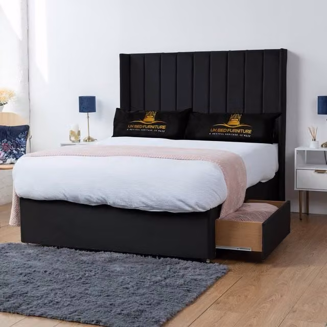 UK Bed Furniture Bella Wingback Divan Bed with 2 Drawers and 54 Inch Headboard in Black Velvet, Double Size (W/D/H: 140 x 200 cm)