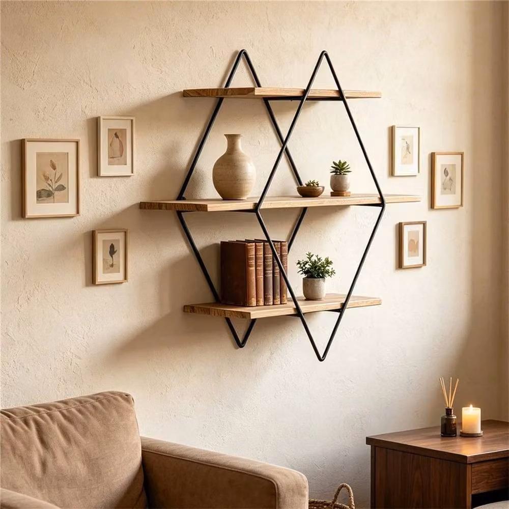 KORVIXA Geometric Floating Shelves in Brown, Modern Wood and Metal Wall Mounted Decorative Rack Holder, W/H: 100 x 100 cm – 3