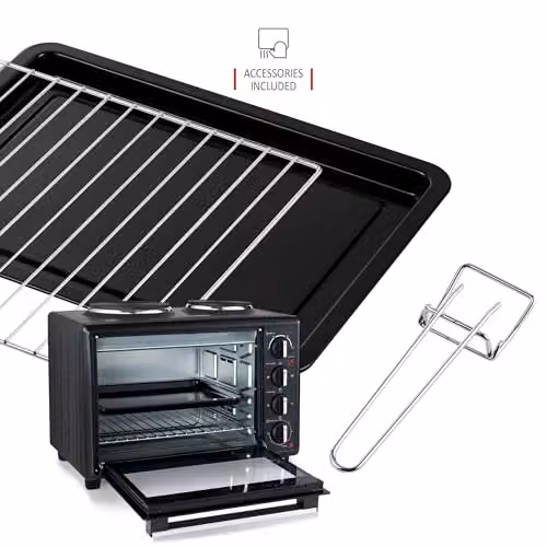 NETTA 35L Mini Oven with Double Hotplate and Electric Grill in Black and Silver, 2500W Countertop Cooker with 230°C Temperature Control and Timer – 6