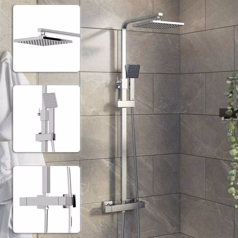 Hinsinc Thermostatic Dual Head Bathroom Shower Set with Overhead Rain Shower and Handheld Shower in Silver and Chrome – 2