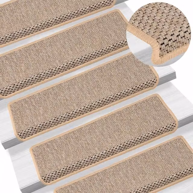 Berkfield Home Self-adhesive Sisal-Look Stair Mats, 15 Pieces, Light Beige, W: 65 cm, D: 21 cm, H: 4 cm – 1