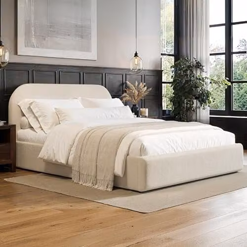 Flair Furnishings Alba Double Ottoman Bed Frame with Storage in Beige Boucle Fabric, W/D/H: 140 x 190 cm