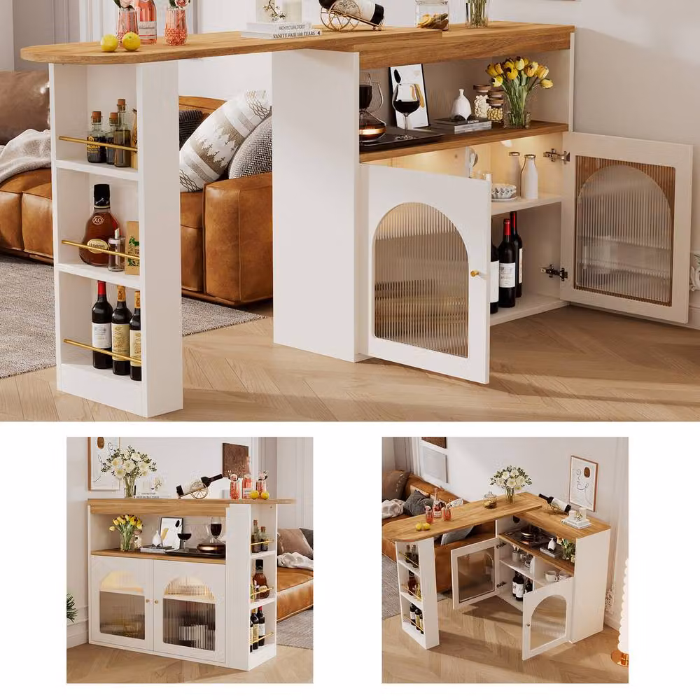 Rolipo Extendable Swivel Kitchen Island Bar Table with LED Storage in White – 4