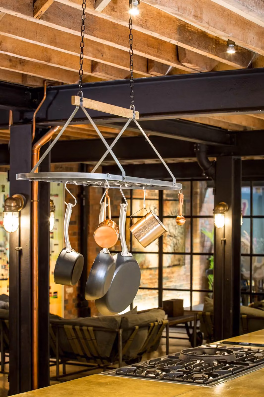 Industrial Kitchen Vintage-Style Ceiling Hanging Pot and Pan Rack with Mango Wood Shelf in Silver – 4