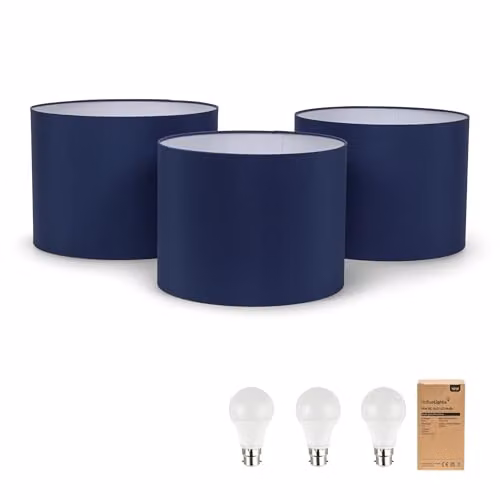 ValueLights Torbery Set of 3 Nesting Fabric Drum Ceiling Light Shades in Blue with Warm White LED Bulbs – 5