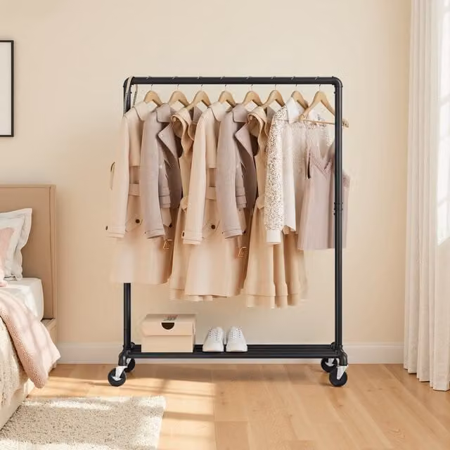 SONGMICS Black Metal Clothes Rail on Wheels for Bedroom and Living Room
