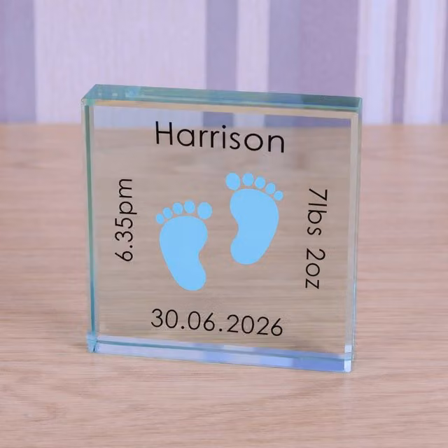 Uniqueful Personalised Baby Feet Glass Token Keepsake in Pink, Blue, Beige or Transparent