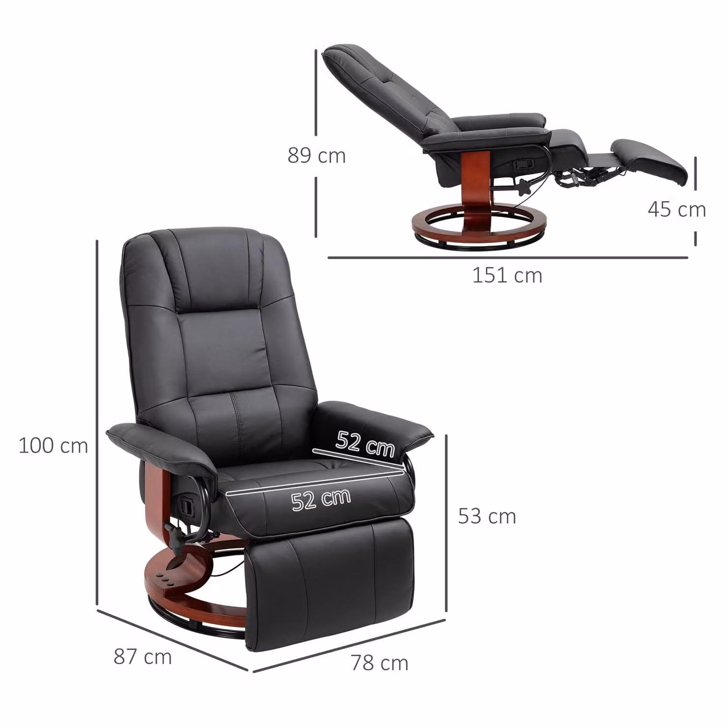 HOMCOM Manual Recliner Armchair with Faux Leather Upholstery and Solid Wood Base, Black – 3