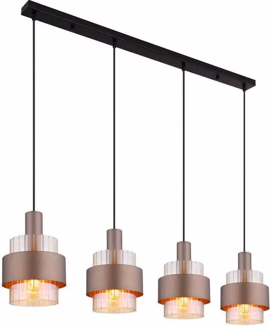 Netlighting Milley Bar Pendant Ceiling Light with Amber Glass Shades in Matt Black and Brown, 4x E27, Height Adjustable – 1
