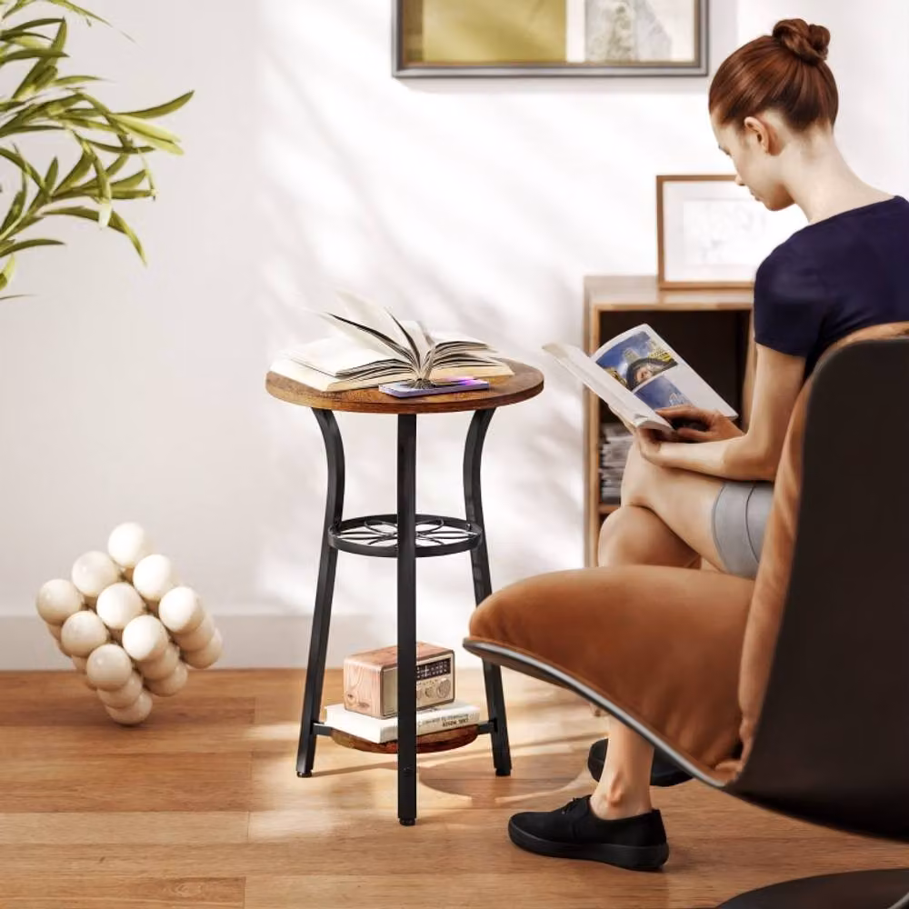 STILVORA 3 Tier Round Side Table with Metal Frame in Brown and Black, W: 38.0 cm, H: 56.5 cm – 5