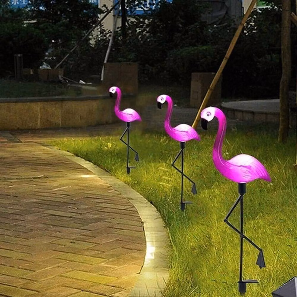VOGREX 3-Piece Pink LED Solar Flamingo Garden Lights with Dusk Sensor – 3
