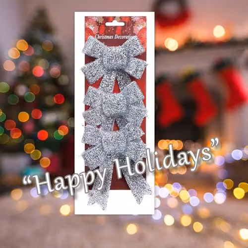 VFM e-Store Silver Tinsel Bows Christmas Decorations, Pack of 3, W/D/H: 10 x 13 x 3 cm – 5