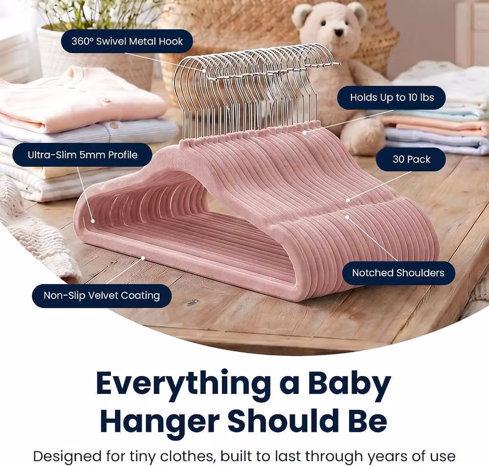 Sasha Morel Pink Velvet Baby Clothes Hangers with Swivel Hooks, 30 Pack – 6