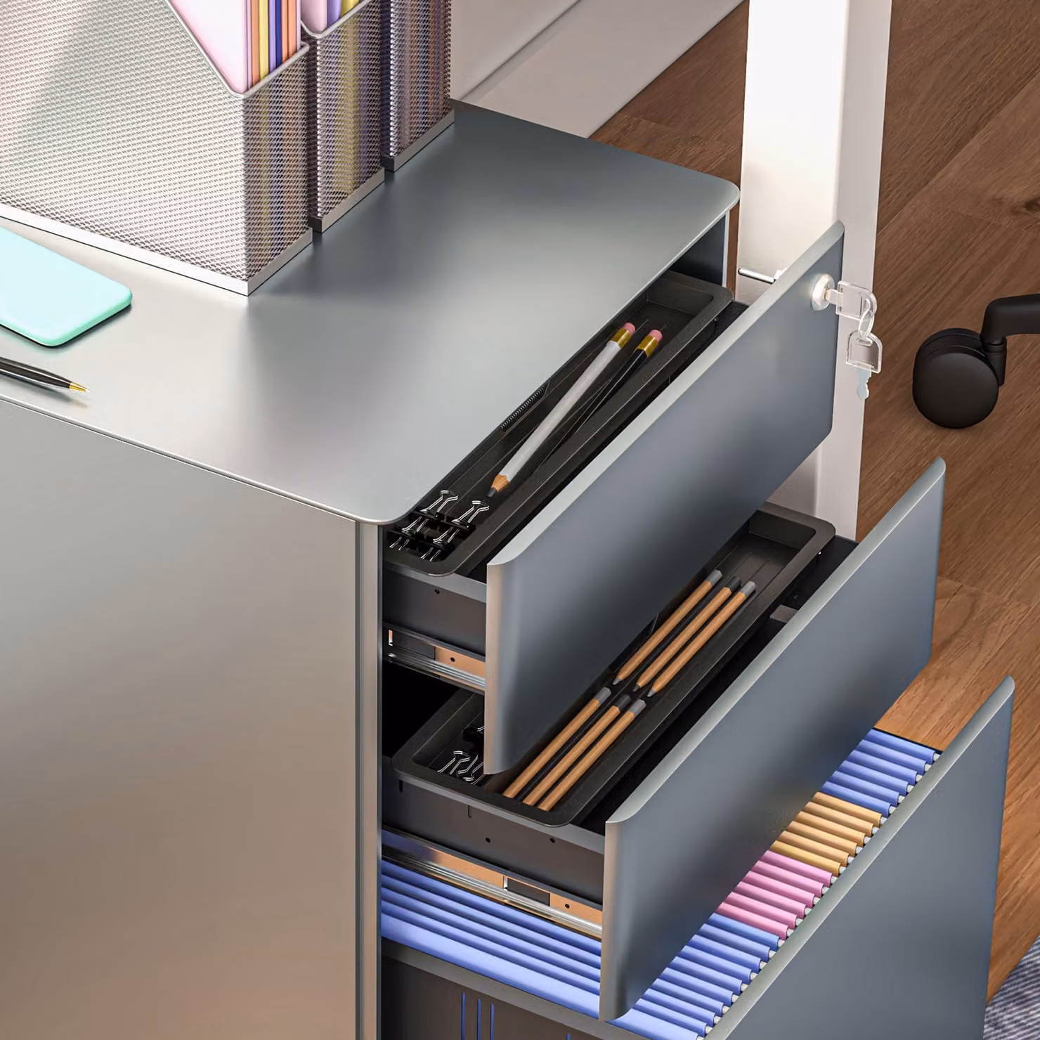 Vinsetto Lockable Rolling Filing Cabinet with 3 Drawers, Grey Metal Office Drawer Unit for A4, Letter and Legal Sized Files – 5