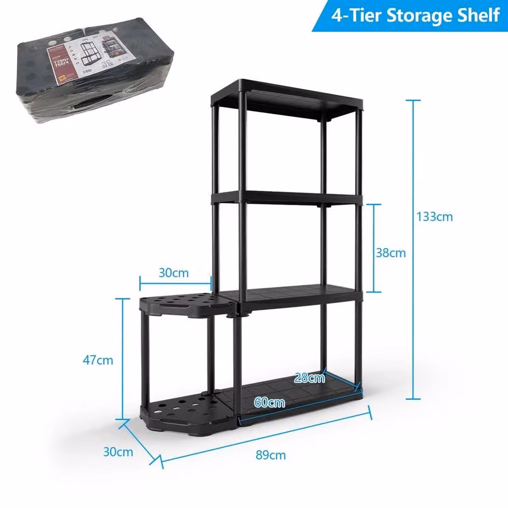 VOGREX 4-Tier Garage Storage Rack with Tool Organiser, Black, W/D/H: 133.0 x 89.0 cm – 2