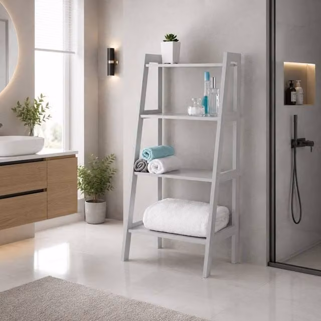 Saxony 4 Tier Grey Wooden Ladder Shelf Bathroom Storage Display Unit W/D/H: 43 x 31.5 x 90 cm – 1