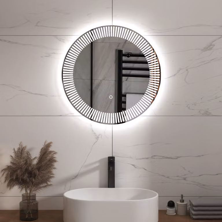 Royal Bathrooms Tokyo Round Frameless LED Illuminated Backlit Mirror in Silver with Demister Pad and Touch Sensor, Diameter: 60 cm
