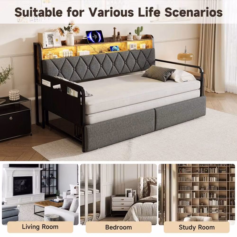 ModernLuxe Grey Upholstered Single Daybed with Pull Out Trundle, Storage Drawers and LED Headboard with USB Charging Port – 3