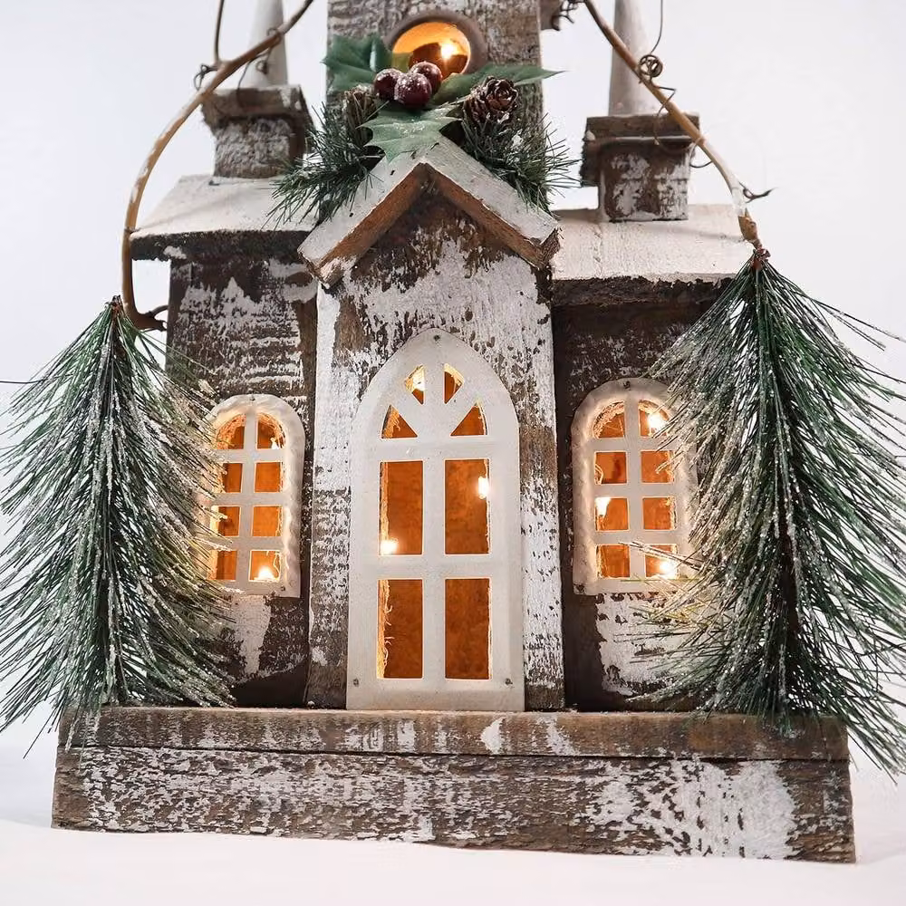 Shatchi Silver Wooden Christmas House Tabletop Decoration with Berries, Pines and Warm White Bulbs – 3