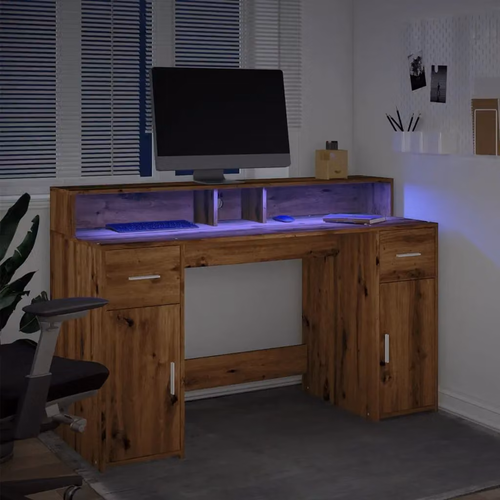 Berkfield Modern Gaming Desk with LED Lights in Artisan Oak Brown, W/D/H: 140 x 55 x 91 cm – 5