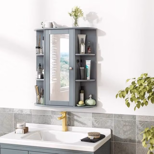 Costway Grey Wooden Wall Mounted Bathroom Medicine Cabinet with Mirror and Internal Shelves – 1