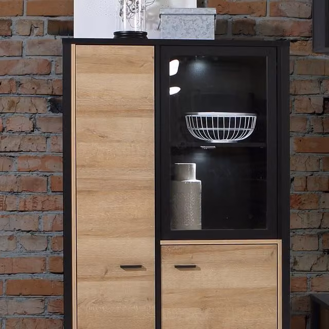 Furniture To Go High Rock Small Industrial Display Cabinet in Matt Black and Riviera Oak with Glass Doors