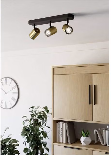 Loops Modern Triple LED Bathroom Ceiling Spotlight in Black and Brushed Brass