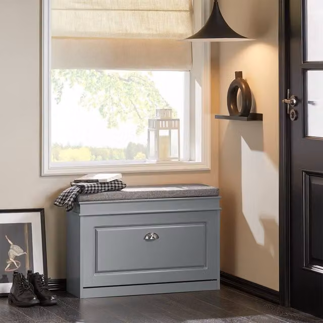 SoBuy Slim Grey Fabric Entrance Bench and Shoe Rack with Rustic Design