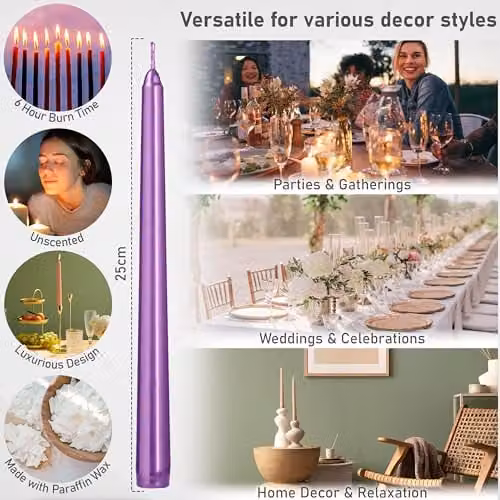 Deco Express Set of 6 Classic Unscented Dripless Tapered Metallic Purple Dinner Candles – 2