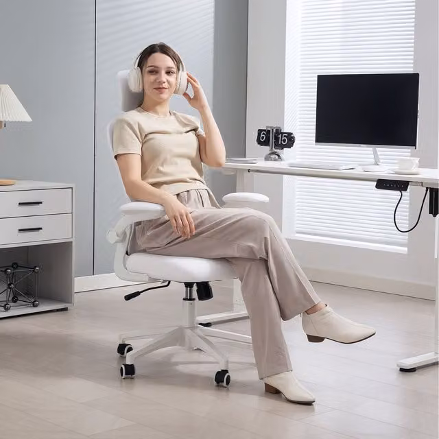Vinsetto White Fabric Mesh Task Chair with Rotatable Headrest and Armrests for Home Office