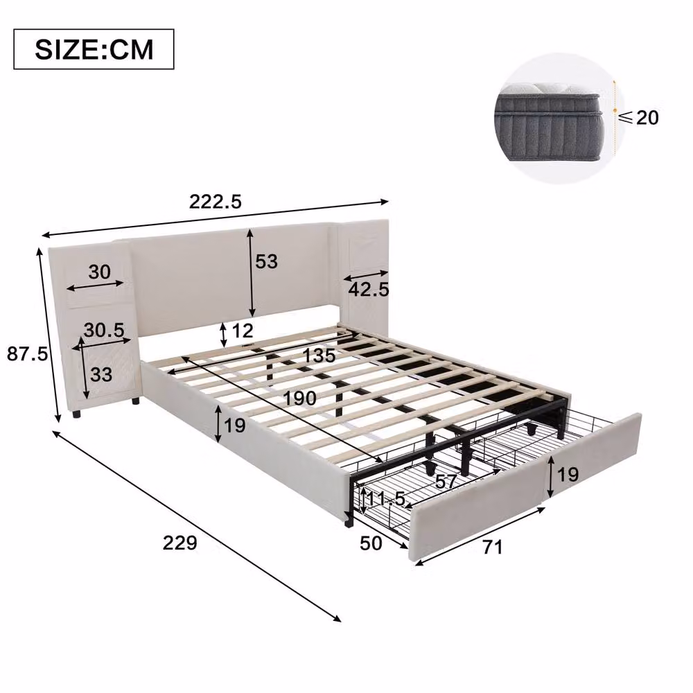 STILVORA Double Upholstered Bed with Storage Drawers in Beige, W/D/H: 140 x 200 x 87.5 cm – 2