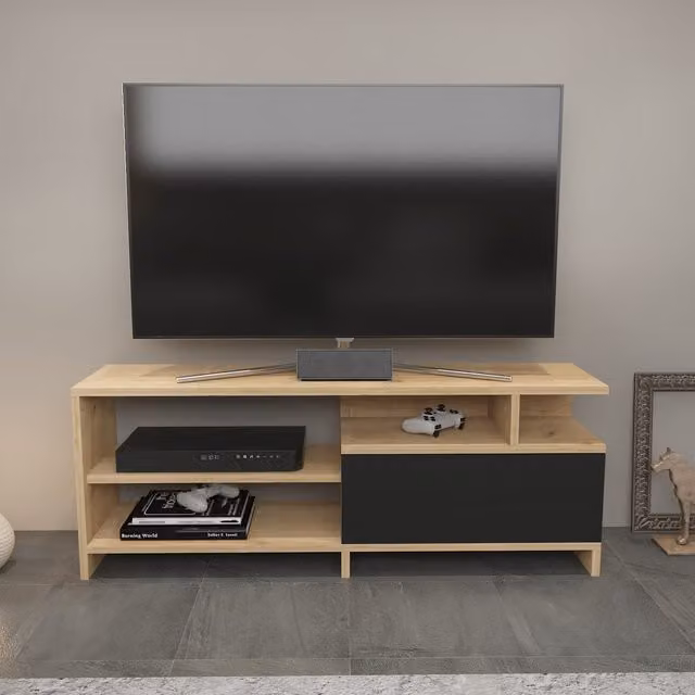 Pulaski Modern Geometric TV Unit in Sapphire Oak and Anthracite Grey