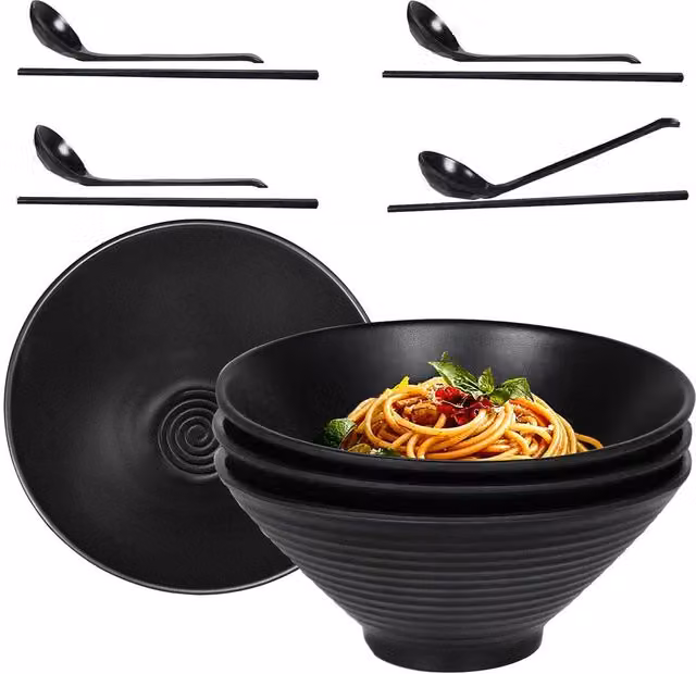 Greentainer Large Japanese Noodle Bowl Set with Chopsticks and Spoons in Black Melamine – 1