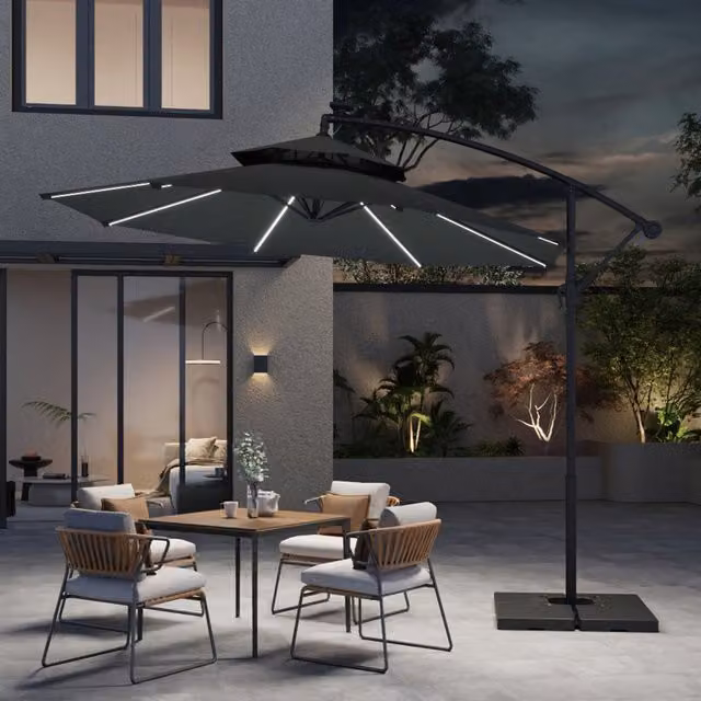 Breeins 3m Cantilever Parasol with Lights and Fillable Square Base in Dark Grey