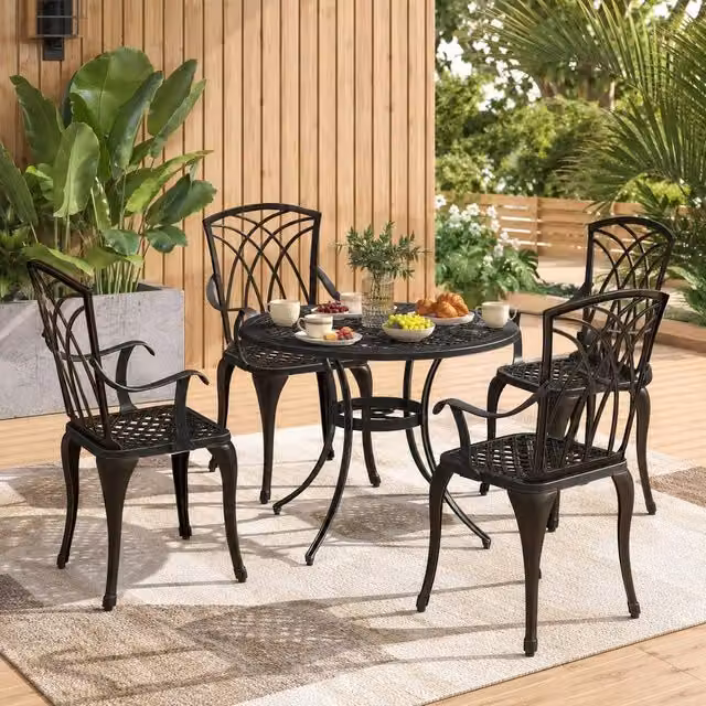 STILVORA 5 Piece Round Garden Dining Set with Parasol Hole in Matt Bronze Powder Coated Aluminium – 1