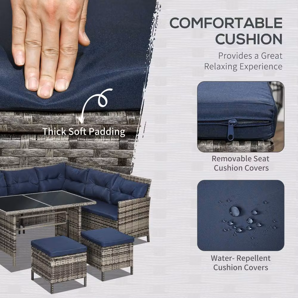 OUTSUNNY 6 Piece Rattan Garden Sofa Set with Dark Blue Cushions and Black Metal Frame – 3