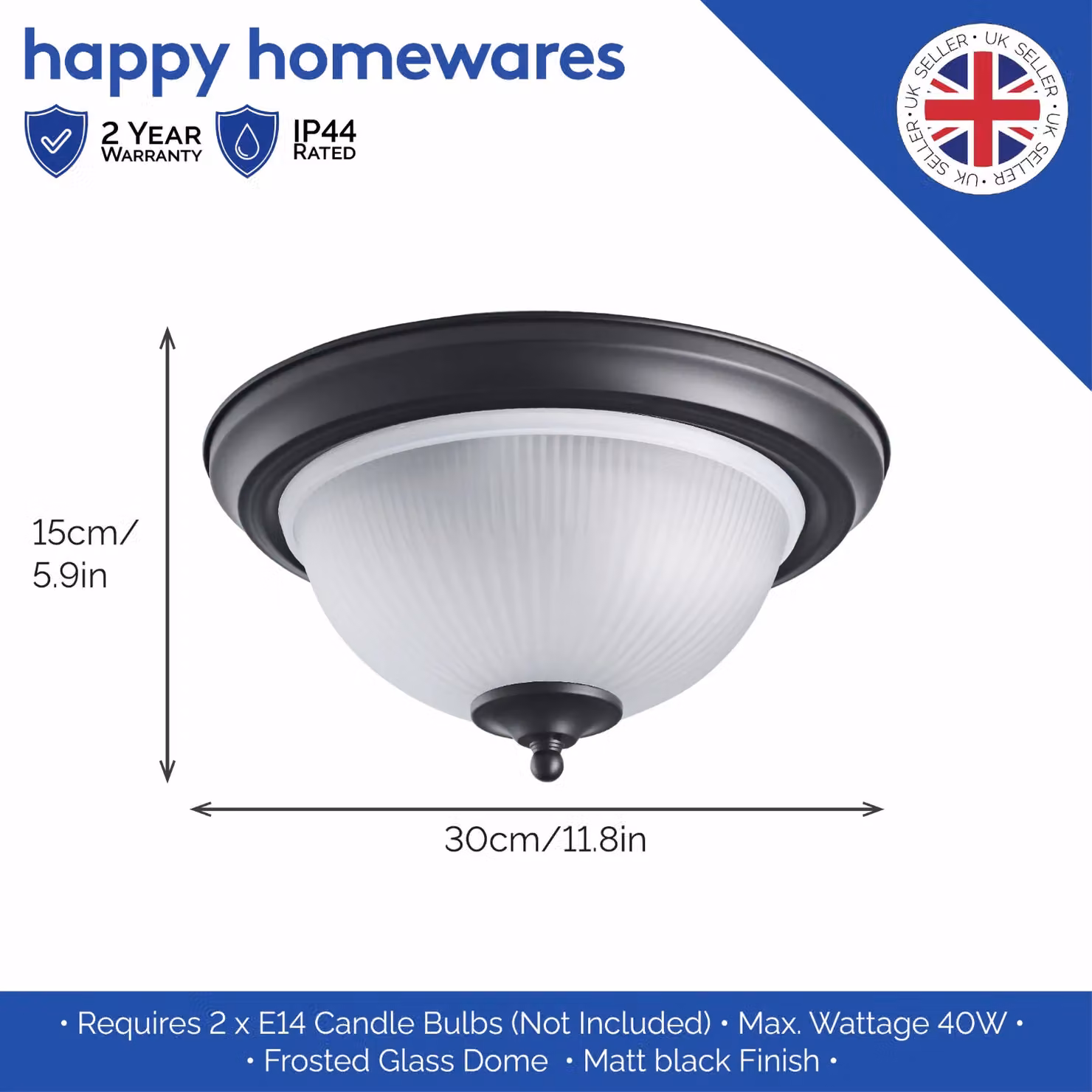 Happy Homewares Traditional IP44 Black Bathroom Ceiling Light with Transparent Glass Shade – 4