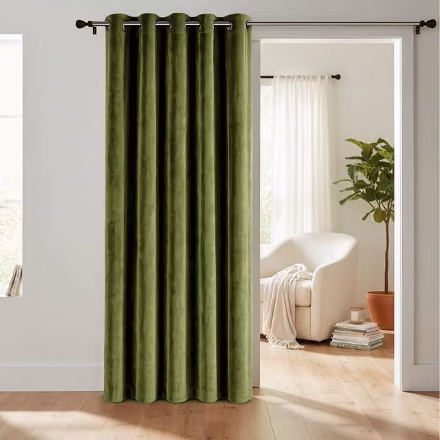 Velosso Green Velvet Thermal Insulating Opaque Fabric Panel Curtain with Rod Pocket